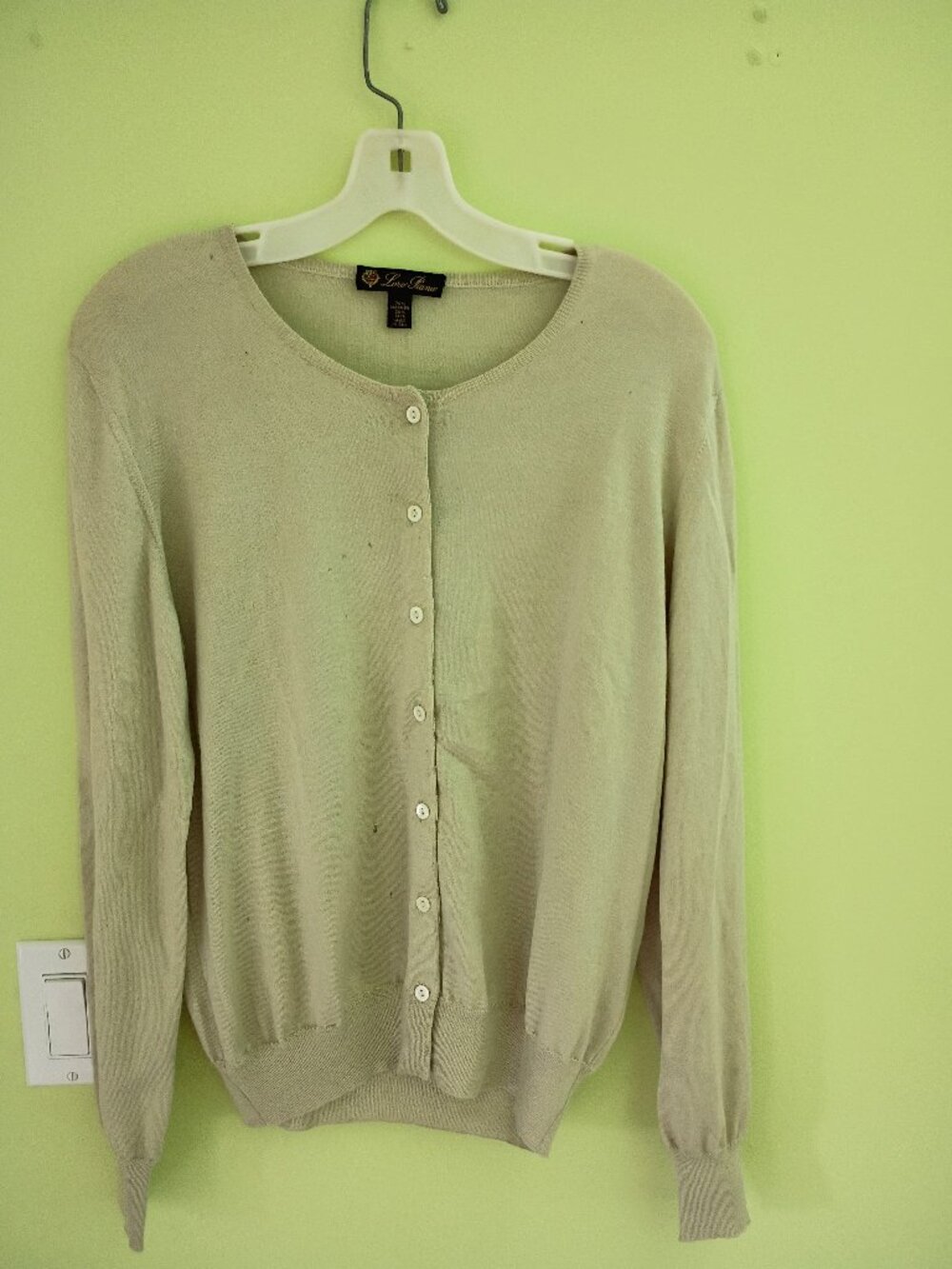 Loro Piana light pale olive cashmere logo button up cardigan lightweight top